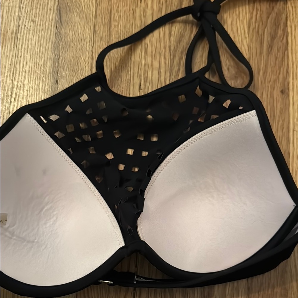 Black Halter Neck Lattice Bathing Suit Top - Picture 2 of 3